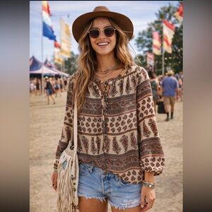 Anthropologie Pleione Bohemian Flowy Vintage Style Paisley Print Blouse